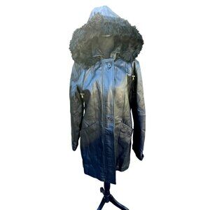Vintage Y2K Hannah Quilted Hooded Leather Coat Black Fur Trim M Penny Lane Parka